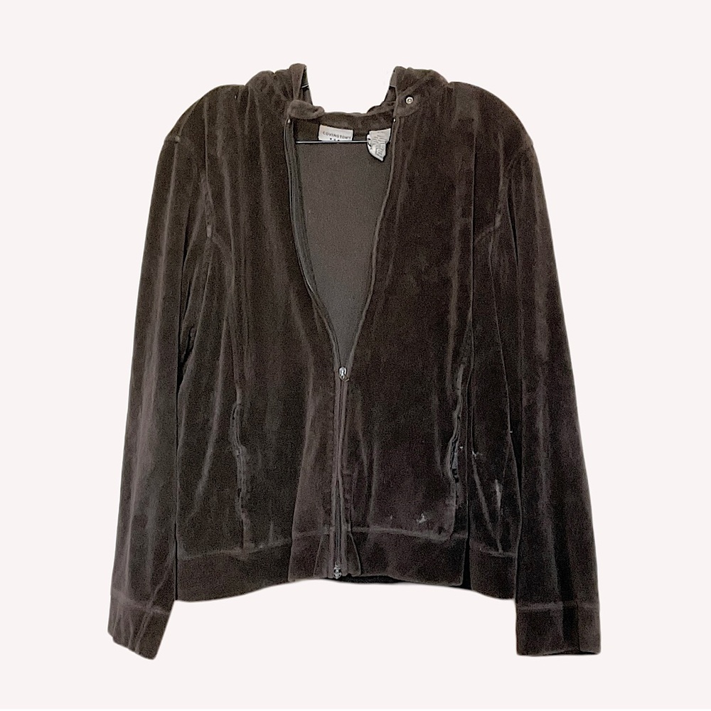 Covington brown Velour Full zip down sweater casual y2k button collar XL